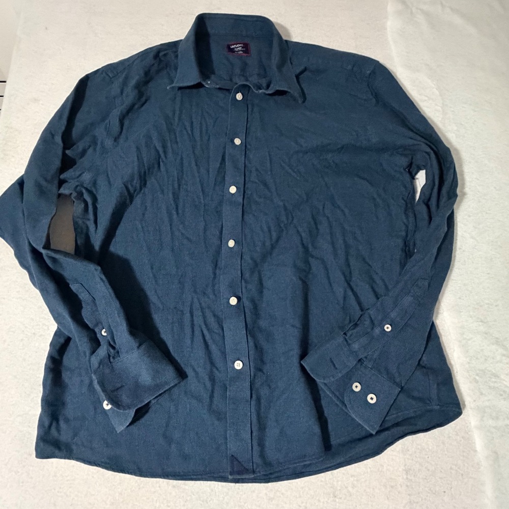 UNTUCKit Mens XL Navy Blue Wrinkle Free Regular Fit Button Down Shirt Cotton